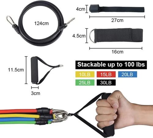 Vista 4 de Youlebao Juego de 11 bandas de resistencia, incluye 5 bandas de ejercicio apilables con anclaje de puerta, 2 asas de espuma, 2 anillos de metal