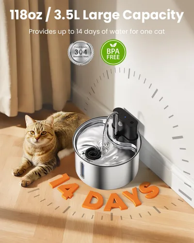 Vista 3 de Fuente de agua inalámbrica para gatos de acero inoxidable con sensor de 3.5L/118 onzas, funciona con pilas, dispensador de agua automático