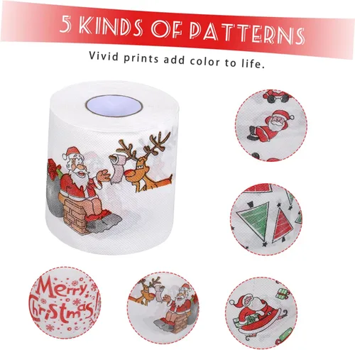 Vista 8 de EXCEART 5 rollos de papel higiénico de Navidad, servilletas desechables impresas para fiestas divertidas de Navidad, decoración de baño