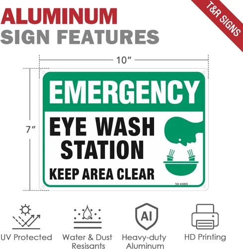 Vista 2 de Letrero de emergencia, estación de lavado de ojos, 2 unidades, 10 x 7 pulgadas, libre de óxido, aluminio 040, protección UV, impermeable, resistente