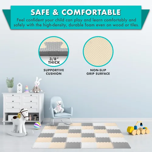Vista 54 de ProSource Alfombra de espuma para rompecabezas para niños y bebés con colores sólidos, 36 o 16 azulejos encajables con bordes, Negro/Gris/Blanco