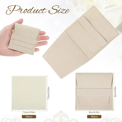 Vista 2 de Cunno 120 piezas de microfibra bolsa de joyería 3.1x3.1 in bolsa de embalaje regalo de lujo correa fija estilo sobre embalaje con paño de limpieza