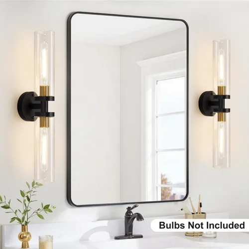 Vista 8 de Indoi Aplique de pared negro y dorado, Apliques de pared de baño con vidrio transparente, Luminarias de apliques de pared modernos para espejo