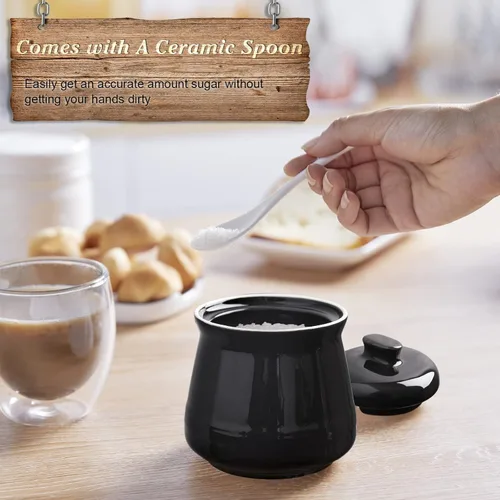 Vista 4 de Azucarero DAYYET con tapa y cuchara, tazón de azúcar de cerámica de 12 oz con cuchara, recipiente de azúcar para barra de café, tazón dispensador