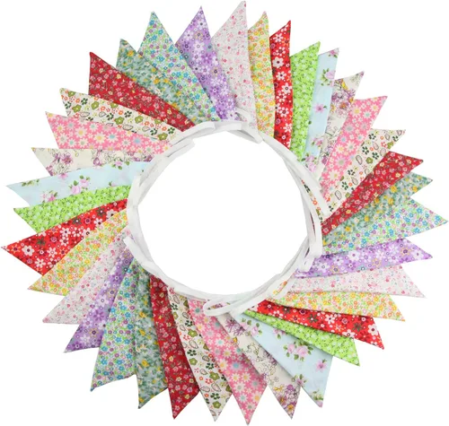 Vista 10 de Banderín triangular de 32 pies, 36 banderas de tela de algodón, guirnaldas para fiestas de cumpleaños, bodas, baby shower, decoración al aire libre