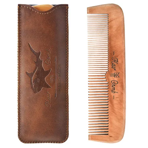 Vista 2 de Peines de madera para cabello para hombres, peine de barba de madera para hombres con estuche de cuero para viajes, peines para hombres