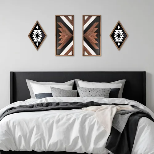 Vista 6 de 2 piezas de decoración de pared azteca con marco de madera, arte de pared occidental de madera de 20.9 x 9.8 pulgadas, decoración rústica del hogar