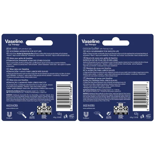 Vista 2 de Vaseline Paquete variado de terapia de labios, manteca de cacao + bálsamo labial hidratante de aloe vera con vitamina E, 0.16 onzas de Ea
