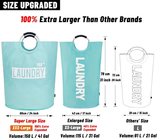 Vista 3 de Caroeas Cesta de lavandería súper grande de 150 litros Pro, cesta de lavandería impermeable, cesta de ropa de pie bien, bolsa de lavandería con asas