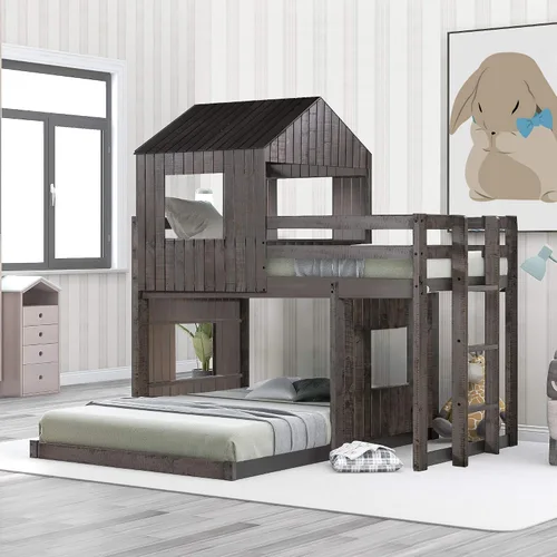 Polibi Cama alta de madera individual sobre matrimonial, litera con casa de juegos, granja, escalera y barandillas para niños y niñas (gris antiguo)