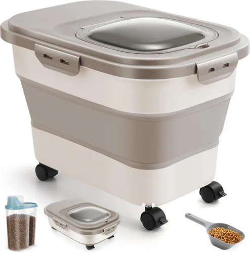 Vista 10 de ANVS Contenedor de Almacenamiento de Comida para Perros de 20 Libras Contenedor Plegable de Comida para Perros con Tapas Herméticas, Ruedas, Cuchara