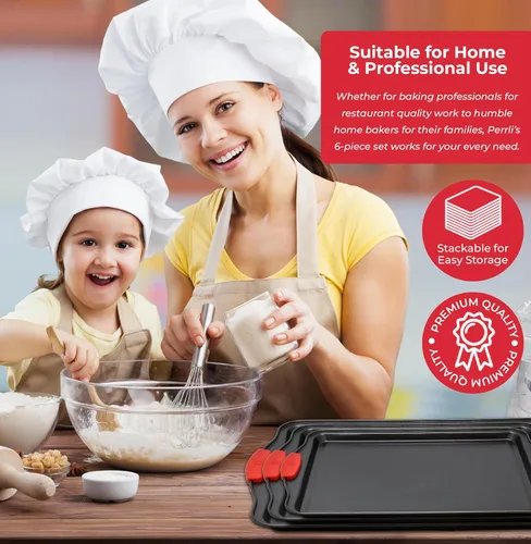 Vista 5 de PERLLI Juego de 3 moldes antiadherentes para hornear, acero al carbono sin BPA, con asas de silicona, juego de horno de cocina apilable, bandeja