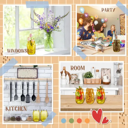 Vista 6 de 12 tarros de vidrio de 32 onzas con tapas de vidrio de boca ancha, no se permiten lavavajillas (amarillo)