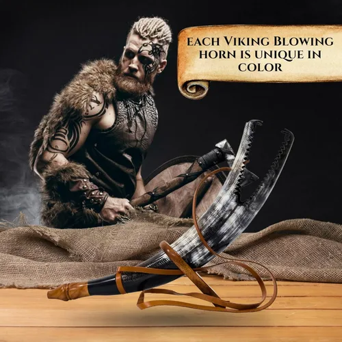 Vista 5 de Corneta vikinga soplada con soporte tallado cuerno de buey con diseño de boca de cocodrilo y correa de cuero, accesorio medieval hecho a mano