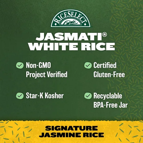 Vista 5 de RiceSelect Arroz Jasmati, Arroz de Grano Largo de Jazmín, Arroz Premium Sin Gluten, Sin Transgénicos, Frasco de 32 Onzas