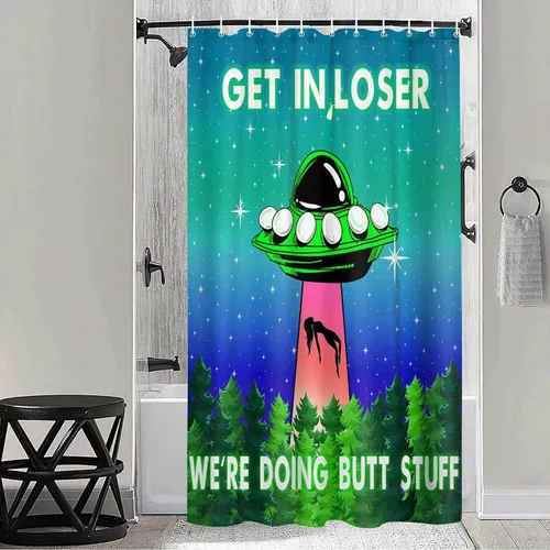 MERCHR Funny UFO Shower Curtain for Bathroom, Unique Fun Alien Blue Space Starry Sky Forest Fabric Shower Curtains Set, Weird Restroom Decor