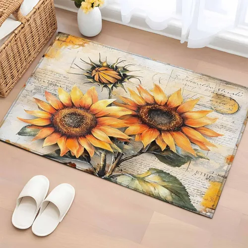 2x3 Door Mat, Sunflower Flowers Retro Non-Skid Rubber Backing Large Rectangle Rugs - Living Room Bedroom Home Office, Watercolor Botanical Floral