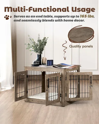 Vista 5 de Upolana Muebles de jaula para perros, jaulas medianas de 32 pulgadas con alfombrilla de cama, muebles de madera para perreras, mesa auxiliar