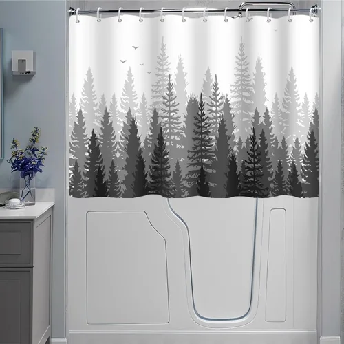 Vista 11 de Cortina de ventana de ducha, verde y gris, pequeña cortina corta impermeable para ventana de baño con ganchos, 30 x 36 pulgadas