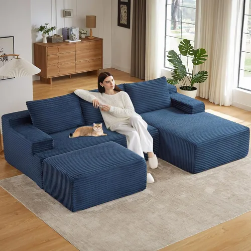 Vista 46 de Sofá modular de 95 pulgadas con otomana, moderno sofá nube de pana con asiento profundo, sofá sin hueso tapizado de 3 plazas en forma de U para sala