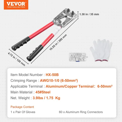 Vista 8 de VEVOR Herramienta de prensado de terminales de cable de batería, 10-1/0 AWG de aluminio para terminales de batería, con 60 conectores de anillo