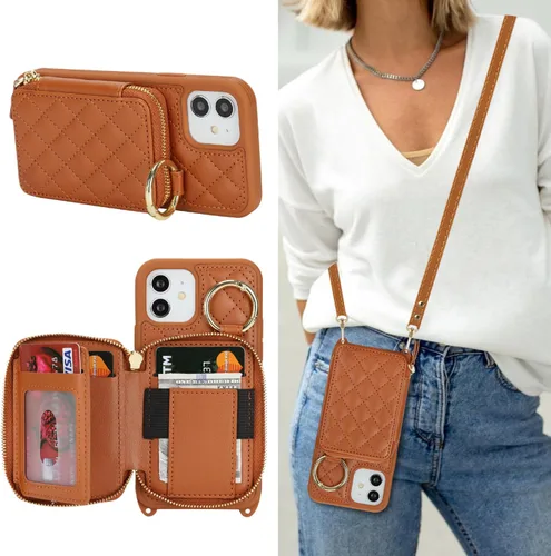 Vista 47 de Funda tipo cartera tipo bandolera para iPhone 11, de piel sintética, con cremallera, tipo cartera, con función atril, con ranuras para tarjetas