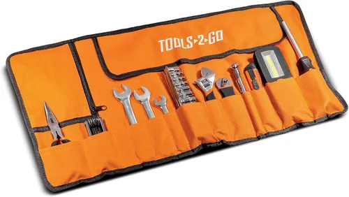 Vista 2 de Juego de herramientas de 83 piezas con bolsa enrollable, llaves, alicates, luz de trabajo, enchufes y puntas para motocicleta, automóvil, camión