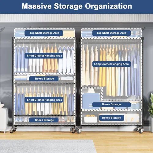 Vista 3 de ULIFHOME P8C Pro Heavy Duty Clothes Rack（With Extended Width Design） Rolling Clothing Racks for Hanging Clothes with Lockable Wheels，42" W x 15.8" D