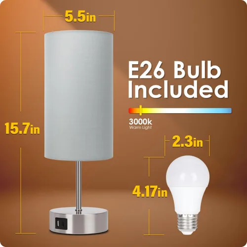 Vista 6 de Yarra-Decor Lámpara de noche mejorada con puertos de carga USB A+C y salida de CA, lámpara de mesa de control táctil para dormitorio, lámpara de Gris