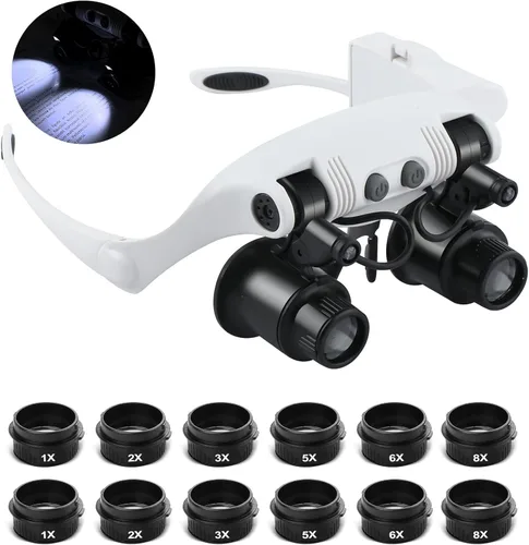 Gafas de aumento para cabeza manos libres, lupa con luz, 1X, 2X, 3X, 5X, 6X, 8X, ideal para joyería, extensiones de pestañas, soldadura,