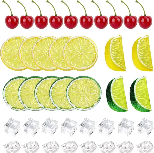 40 piezas de hielo triturado falso y rocas de hielo cuadradas, 10 rodajas de limón de frutas artificiales, 4 bloques de limón de simulación y 10