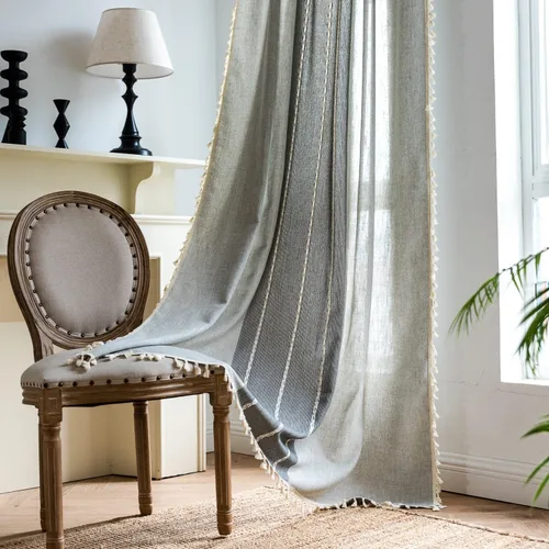 Vista 30 de Sutuo Home Cortinas de puerta francesa para puerta de patio, cortinas de lino semiopacas bohemias con borlas, tiras de granja a cuadros, decoración