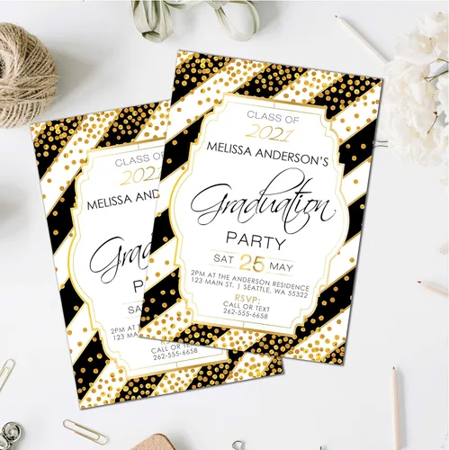 Vista 2 de Gold Graduation Party Invitation Black and Gold Graduation Invite High School College Class of 2021 Graduation Invitations