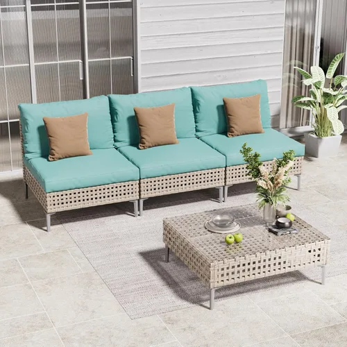 Vista 18 de Grand patio Juego de muebles de mimbre de patio de 3 piezas, juego seccional de sofá de conversación para exteriores estilo boho con cojines gruesos