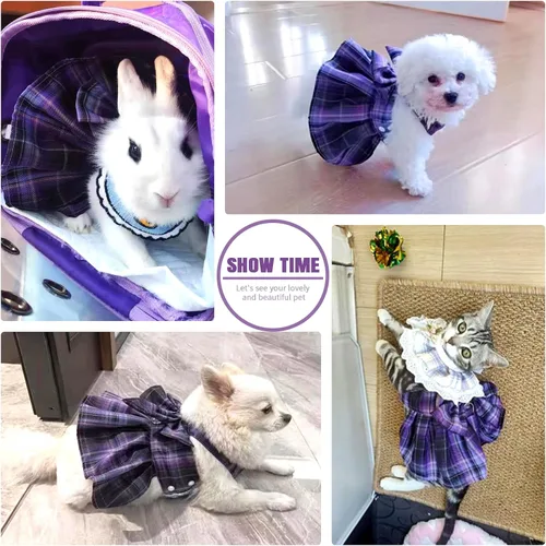 Vista 3 de PETCARE Vestido de perro a cuadros con arco y arnés para perros pequeños, gatos, niñas, lindos vestidos de princesa para perros, ropa de primavera