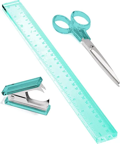 Vista 13 de OfficeGoods Juego de escritorio de acrílico de 3 piezas, incluye regla, removedor de grapas, tijeras, accesorios de escritorio funcionales