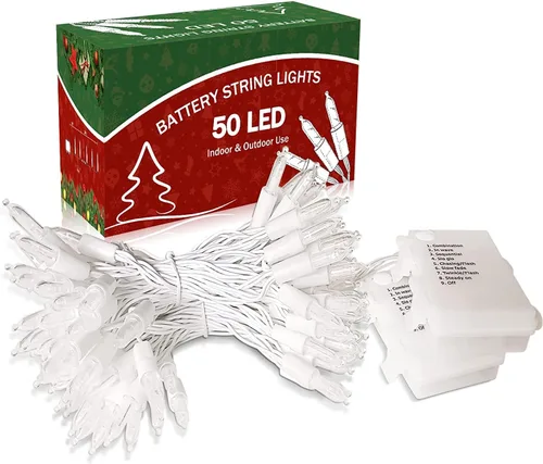 Vista 5 de Luces de Navidad a pilas, paquete de 2 mini tiras de 50 luces LED de 17 pies con 8 modos de temporizador automático, luces de árbol impermeables