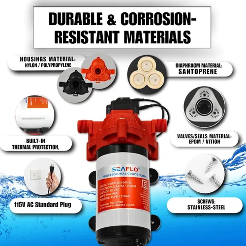 Vista 9 de SEAFLO Bomba de presión de agua serie 33 de 110 V CA – 115 V CA, 3.3 GPM, 45 PSI, auto cebado, interruptor de presión inteligente