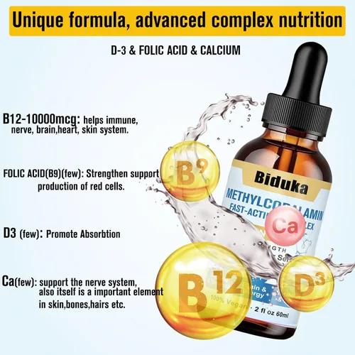 Vista 2 de Gotas líquidas de vitamina B12 sublinguales de 10,000 mcg, fórmula única con D3, B9 (ácido fólico), calcio, energía de apoyo, corazón, estado