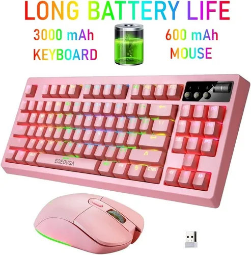 Vista 8 de Pink Wireless RGB Mechanical Gaming Keyboard and Mouse Combo Backlit, Rechargeable Blue Switches Long