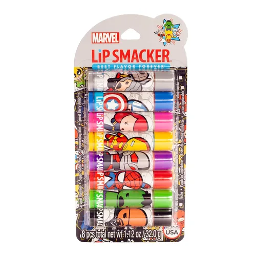 Lip Smacker Marvel Avenger - Paquete de fiesta de bálsamo labial saborizado 8 unidades, Super Hero, Spiderman, Iron Man, Capitán América,