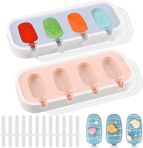 Vista 11 de WMKGG Juego de moldes de silicona para paletas, 2 piezas de moldes para helado con 50 palitos de madera para pastelitos, paletas de hielo, Azul