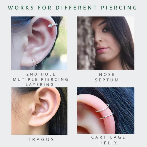Vista 5 de Pequeños aretes de aro huggie de oro o plata de ley para mujeres y niñas, cartílago, nariz, hélix, tragus