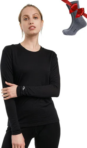 Vista 25 de 100% lana merino capa base mujer - camisa térmica de manga larga con .Negro 250