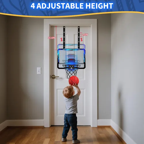 Vista 6 de QDRAGON Aro de baloncesto para interiores para niños, mini aros de baloncesto sobre la puerta con 7 luces LED, juguetes de baloncesto, regalos