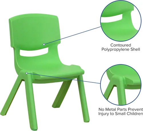 Vista 6 de EMMA + OLIVER Paquete de 4 sillas escolares apilables de plástico verde con asiento de 10.5 pulgadas de alto, silla preescolar