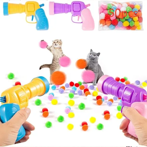 Vista 2 de Juguete lanzador de bolas para gatos, 50 bolas de pompón de 1.2 pulgadas y 2 lanzadores, bolas interactivas suaves, juguetes de ejercicio activo