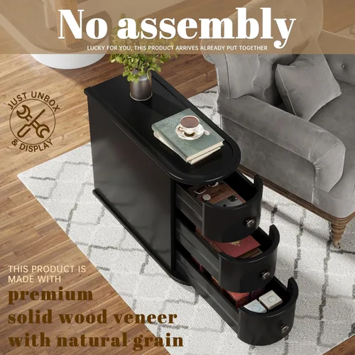 Vista 4 de Mesa auxiliar de madera con 3 cajones, no requiere montaje, mesa auxiliar estrecha para sofá para sala de estar, mesita de noche delgada vintage