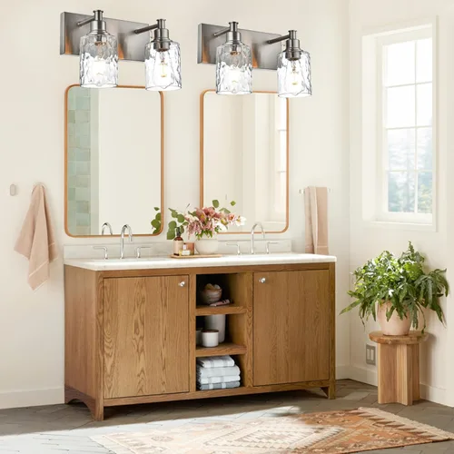 Vista 2 de BONLICHT Lámparas de baño modernas con acabado de níquel cepillado, 2 luces, aplique de pared industrial para interiores, iluminación de tocador