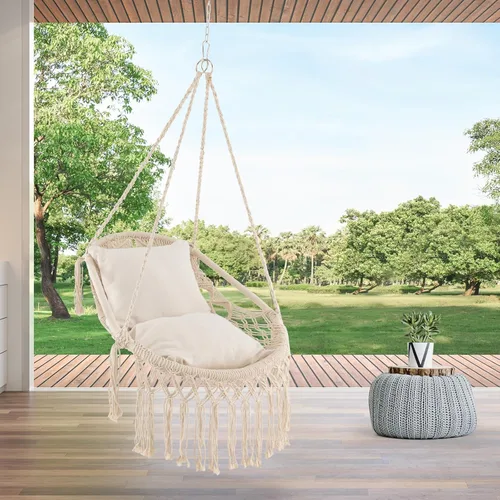 Vista 2 de HAPPYGRILL Silla hamaca colgante con cojines de asiento suaves, columpio de macramé para interiores y exteriores, cuerda y cadena resistentes, silla